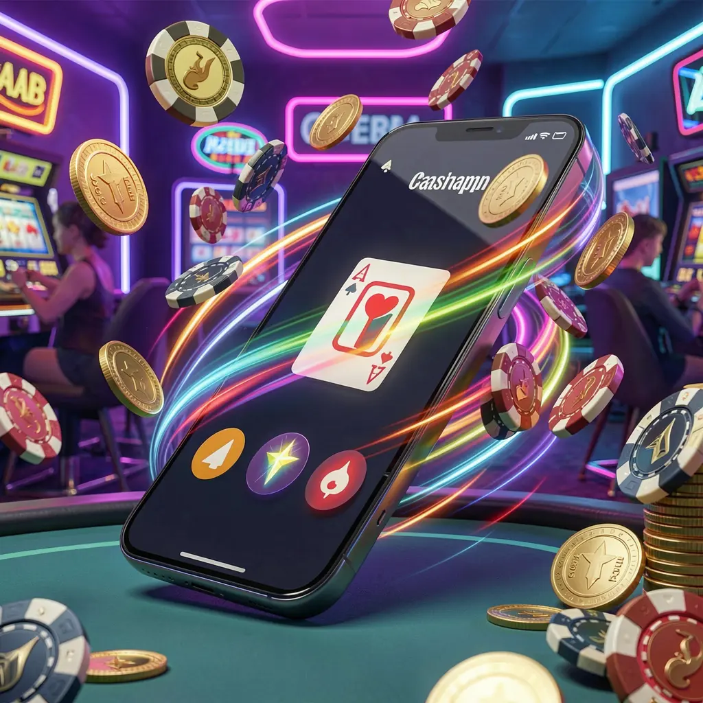 9V9V fast casino app access visual showing a smartphone with speed light trails, coins and chips flying around against a modern neon casino background in a dynamic 3D render