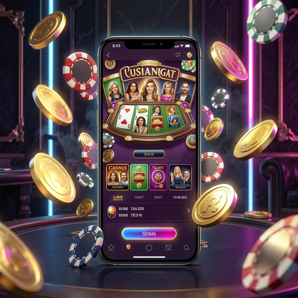 9V9V online casino mobile app hero banner featuring a modern smartphone with a glowing casino interface, golden coins and poker chips flying around against a dark luxury background with neon accents