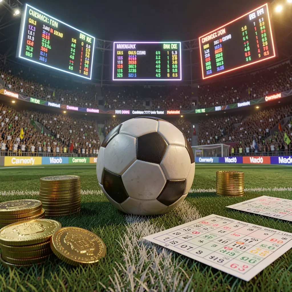 9V9V premium sports betting scene featuring a realistic 3D football field with a stadium crowd, soccer ball, golden coins, betting slip elements, and neon odds panels