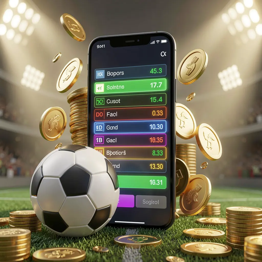 9V9V modern football betting visual featuring a smartphone displaying glowing sports odds interface with a soccer ball, golden coins, and stadium lights in a premium 3D illustration