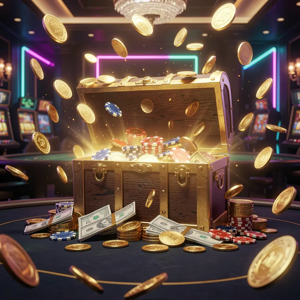 A premium online casino bonus hero banner for 9V9V featuring golden coins flying in the air and a glowing treasure chest full of chips and cash against a luxury dark background with neon accents, creating a festive and elegant casino atmosphere with high detail and cinematic lighting in a 3D realistic render A premium online casino bonus hero banner for 9V9V featuring golden coins flying in the air and a glowing treasure chest full of chips and cash against a luxury dark background with neon accents, creating a festive and elegant casino atmosphere with high detail and cinematic lighting in a 3D realistic render