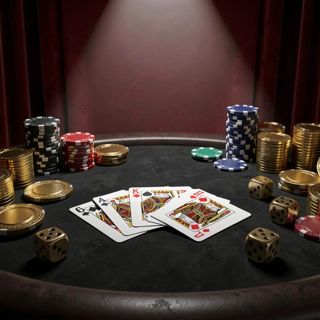 9V9V casino table featuring a royal flush of cards, poker chips, golden coins, and dice on a luxury black and red background with dramatic spotlight in a realistic 3D render