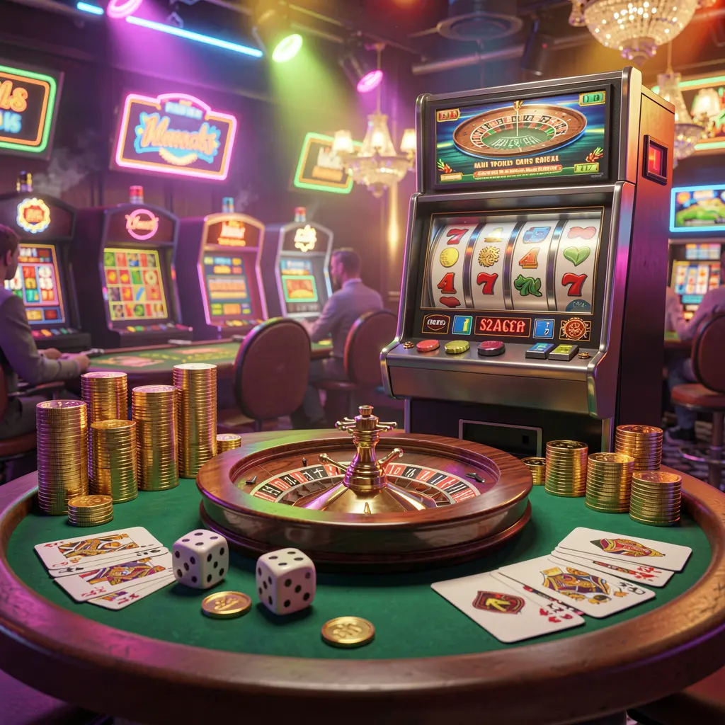 9V9V casino entertainment scene featuring a slot machine, roulette wheel, dice, cards, and golden coins illuminated by colorful neon lights in a premium, exciting atmosphere