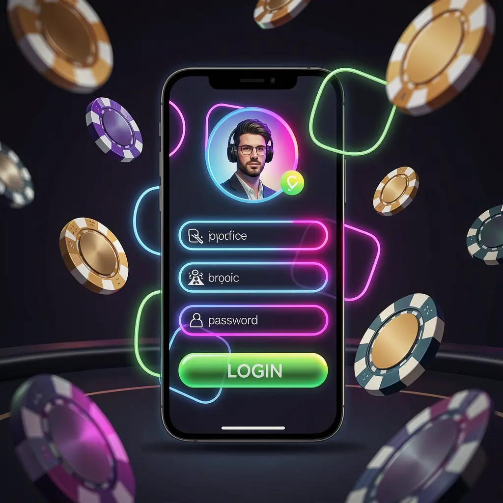 9V9V mobile casino login screen with abstract UI shapes for user profile and password fields, neon glow, flying chips and coins in a dark premium casino atmosphere