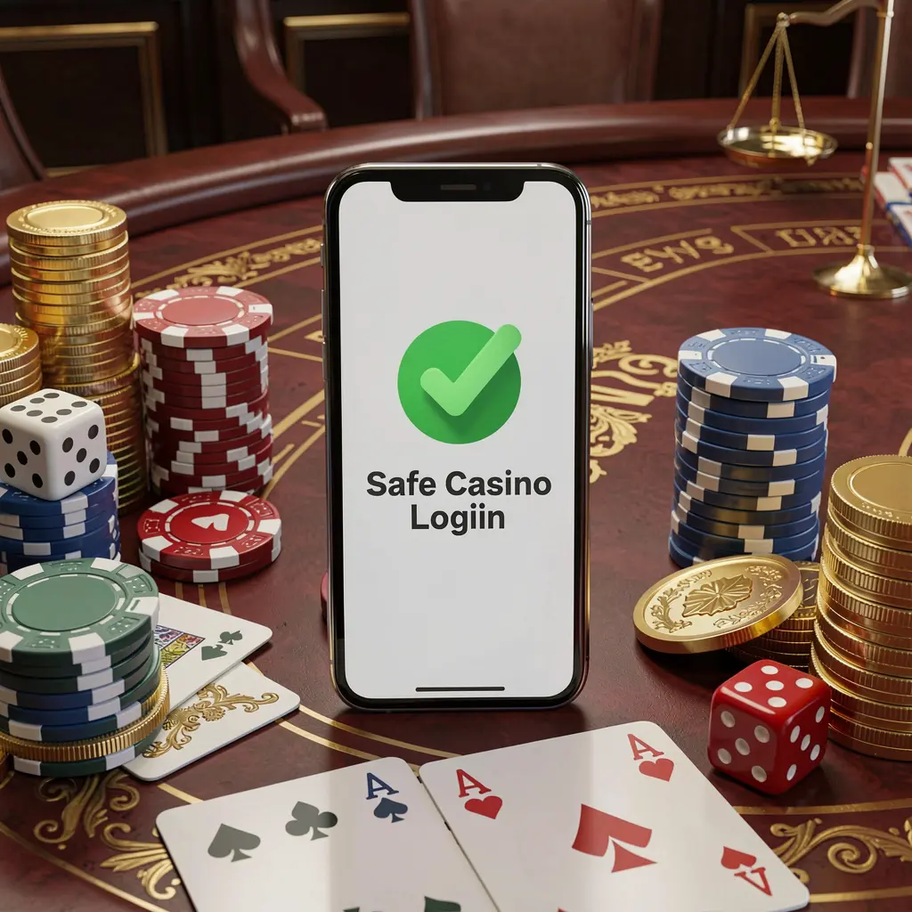 9V9V safe casino login concept showing a smartphone with verification checkmark icon surrounded by chips, cards, dice, and golden coins on an elegant luxury casino table in a 3D realistic render