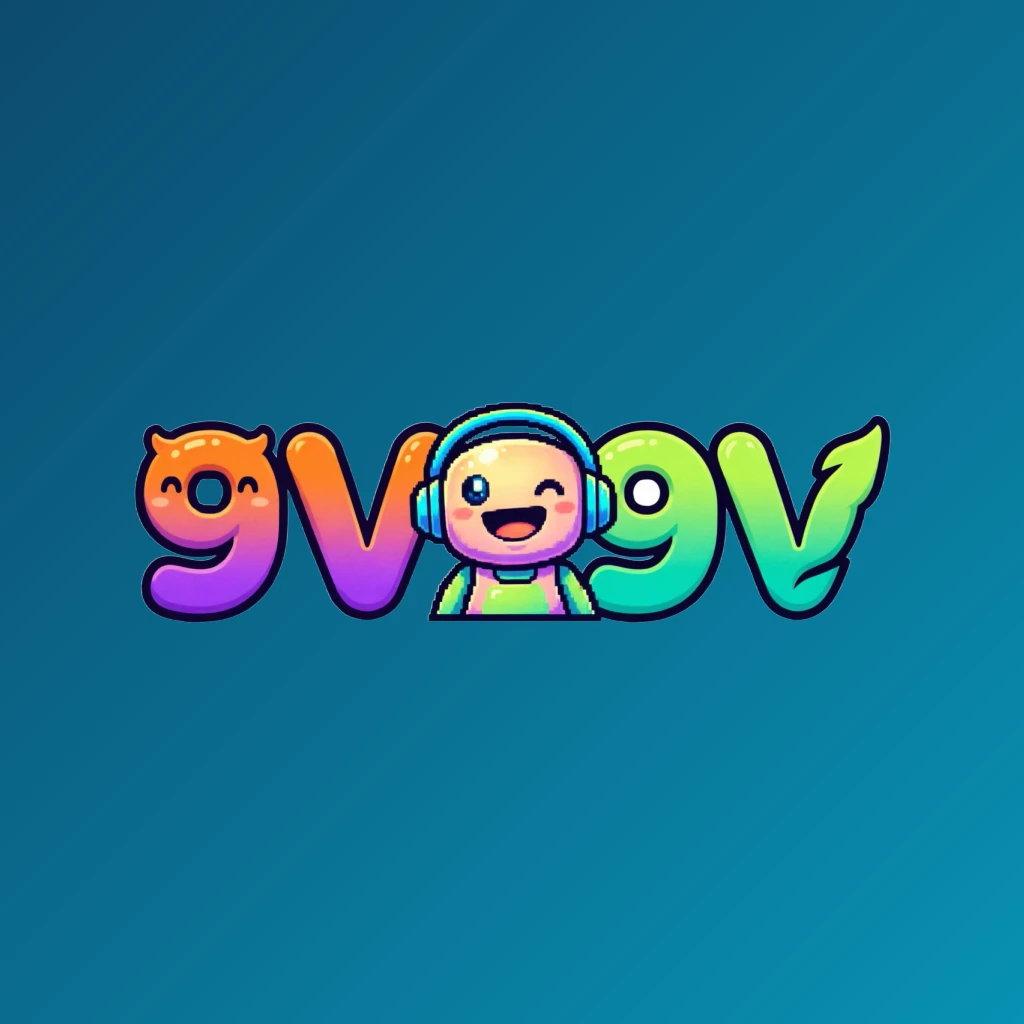 9V9V mascot-style logo featuring a friendly character icon with bold, colorful gaming brand lettering on a transparent background, designed as a horizontal rectangular wordmark for a website header