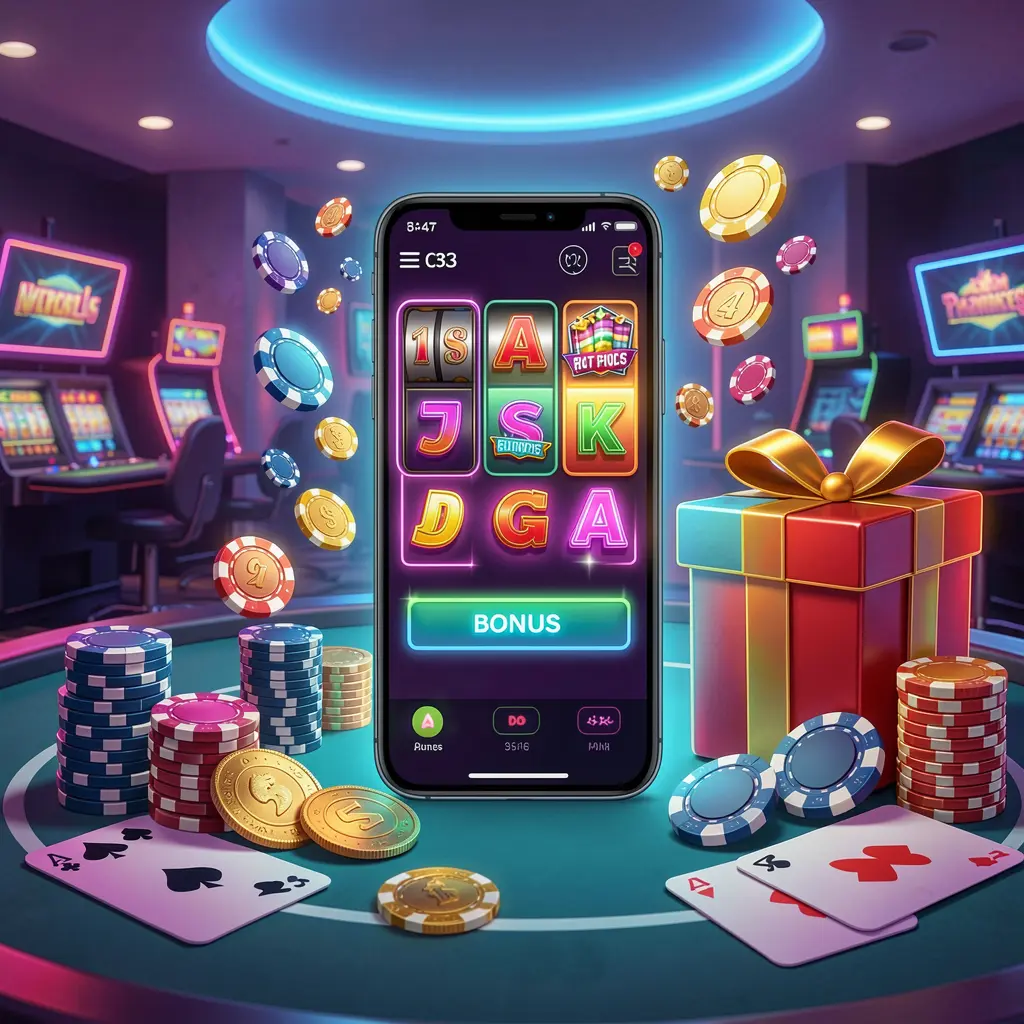 9V9V modern casino website hero scene featuring a smartphone with glowing interface surrounded by bonus gift box, chips, coins, and playing cards in premium neon casino style